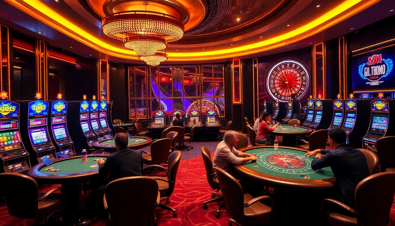 Engaging scene of Đá Gà Thomo BJ888 with players, gambling tables, and vibrant slot machines.