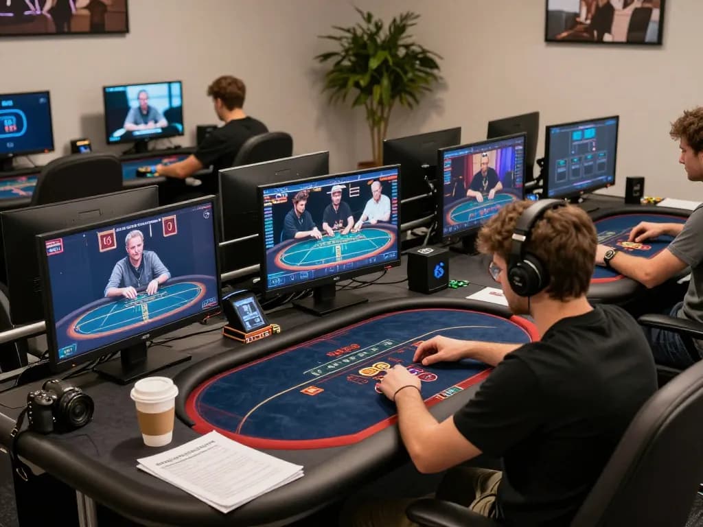 Engaged player analyzing strategies for ww88 online poker game on multiple screens.