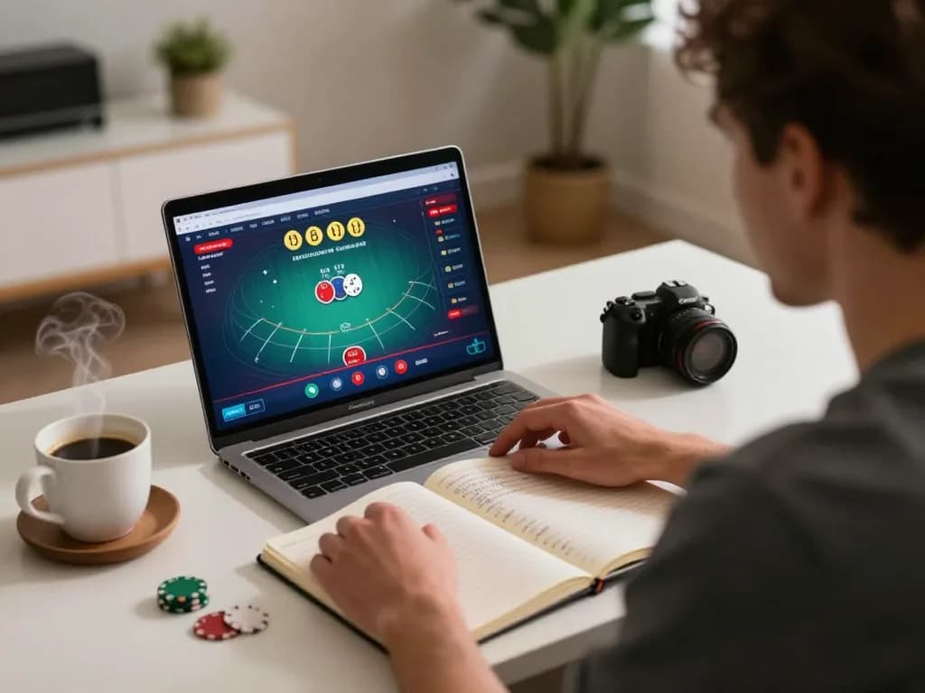 Player strategizing with kk55 online poker interface while taking notes at home desk
