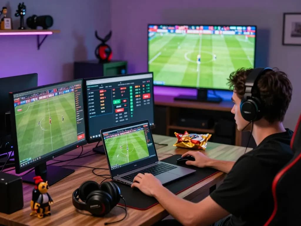 Engaged user at dynamic online gaming setup for bong99 betting.