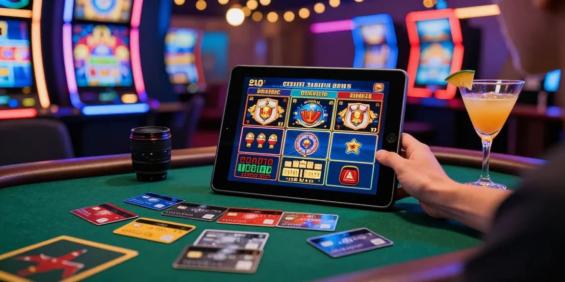 Exciting credit card casinos scene with player at tablet and virtual slots, vibrant colors, festive atmosphere.