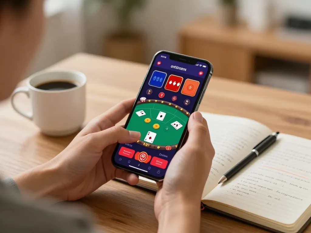 NAGA2000 player enjoying mobile casino gaming with strategic notes in a cozy setting.