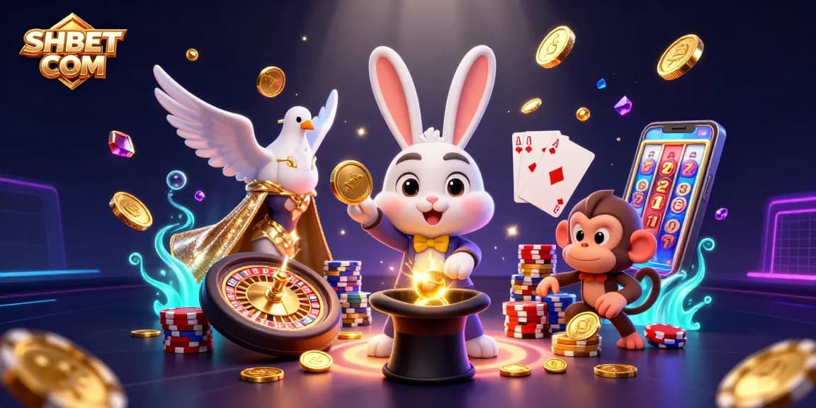 Join the magical fortune at SHBET COM with a 3D cartoon illustration featuring a magician rabbit and exciting casino elements.