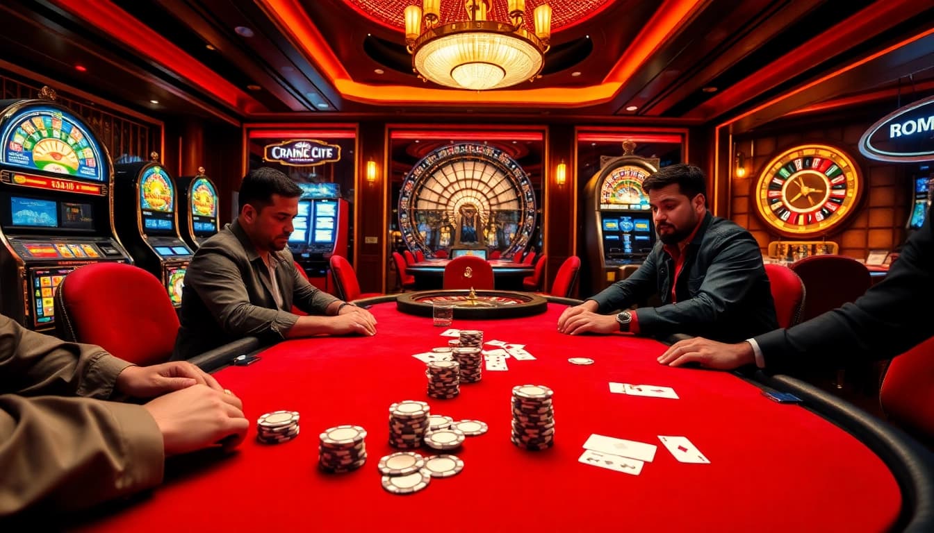 A poker table scene at https://mm88k.media/ showcasing high stakes with excited players and vibrant casino elements.