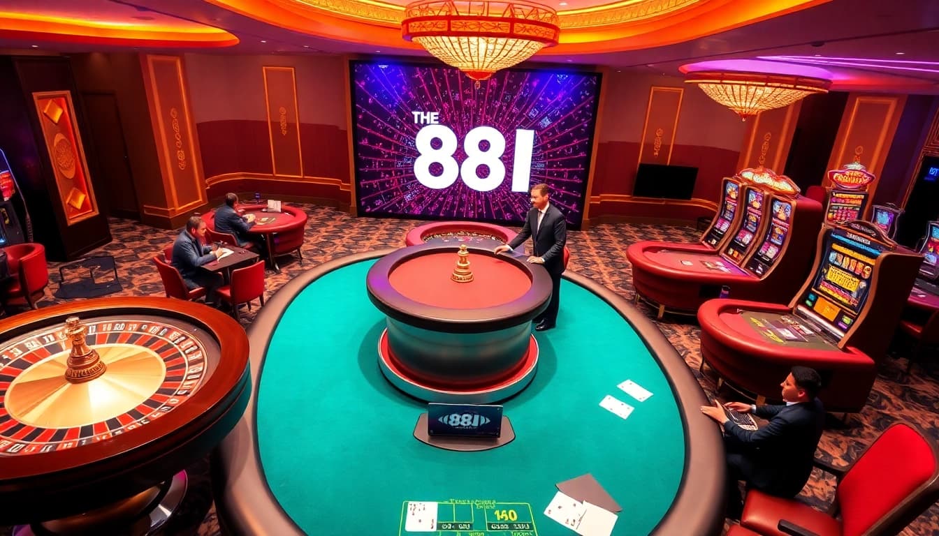 Exciting gambling scene showcasing 88I casino tables, slot machines, and dealers in action.