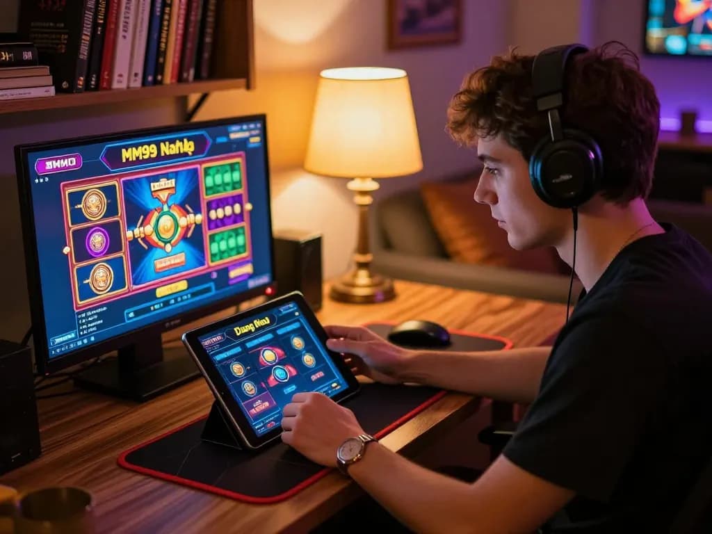 Engaging in online gaming, a user accesses the MM99 Đăng Nhập platform on their tablet amid a cozy setup.