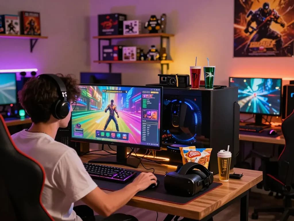 Engaging gamer immersed in porngames at colorful gaming lounge with vibrant lights.