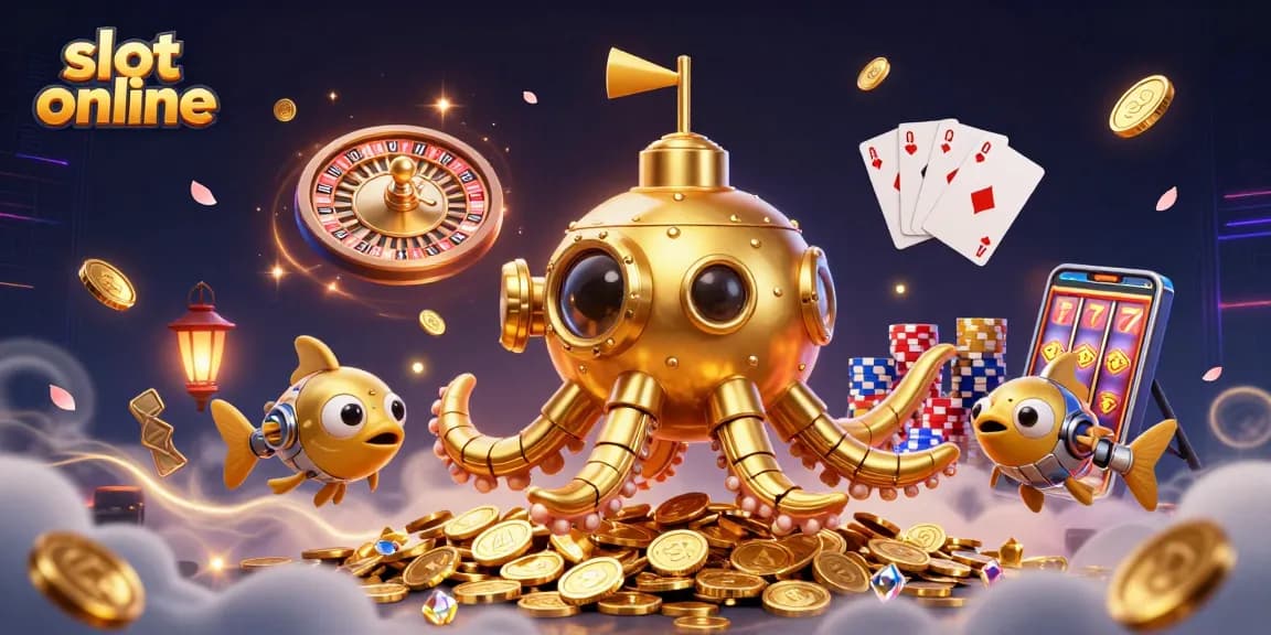 Menangkan jackpot di slot online dengan ilustrasi 3D kraken emas dan koin berkilau.