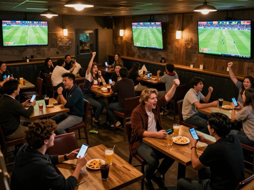 Penggemar yang terlibat memeriksa pembaruan Skor Langsung sambil merayakan gol di bar olahraga