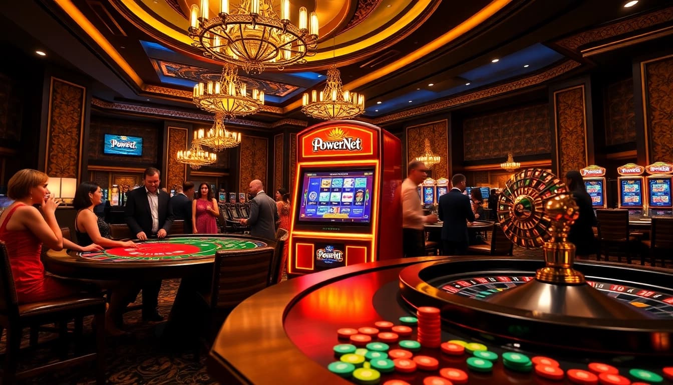 Exciting scene of a luxurious casino featuring the PowerNet slot machine amidst vibrant gambling activities.