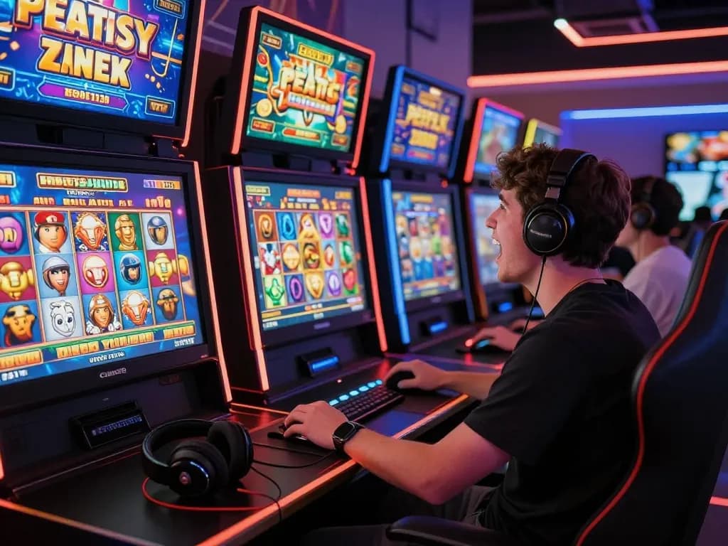 Exciting Zeus138 slot gaming experience with a player joyfully using modern gaming setup and colorful screen displays.