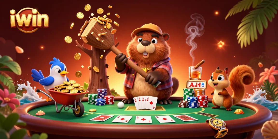 Experience iwin excitement with cartoon characters engaging in a vibrant gambling scene filled with coins.