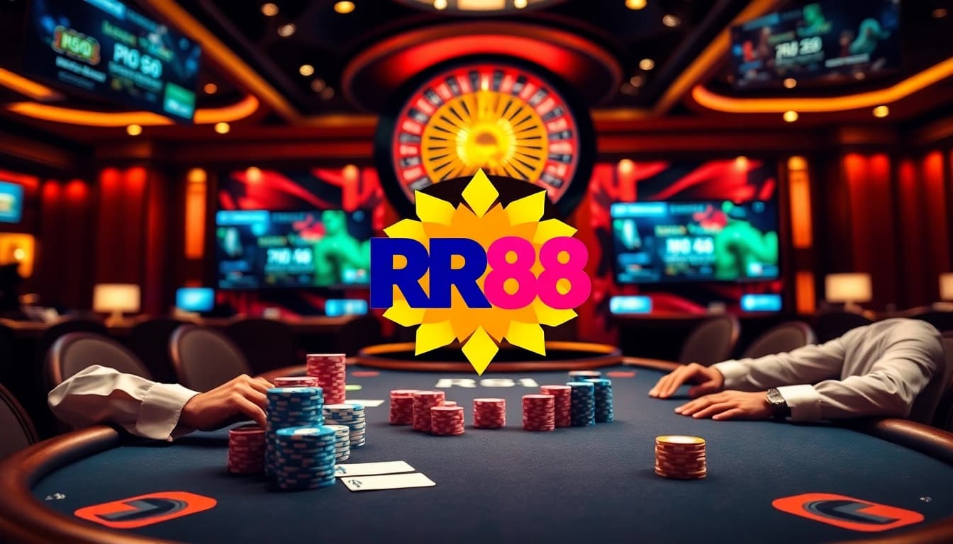 Experience thrilling gameplay at RR88 casino, with poker tables and vibrant betting visuals.