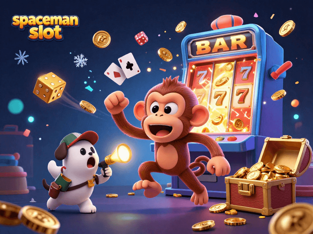 Experience the excitement of the spaceman slot in this vivid casino scene featuring a playful monkey and a curious puppy.
