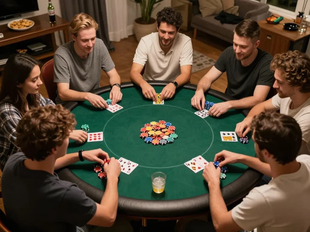 Engaging poker night scene showcasing friends playing at home, highlighting https://8k8.fan/ gaming excitement.
