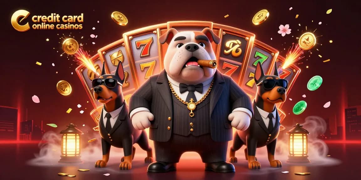 Engage with credit card online casinos featuring a dynamic scene of a mafia bulldog boss and themed slot reels.