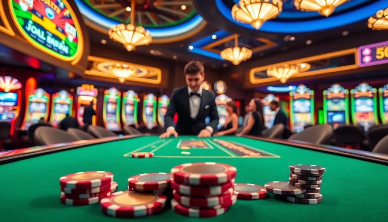 C168 BET themed casino table with vibrant poker chips, professional dealer, and glamorous slot machines.