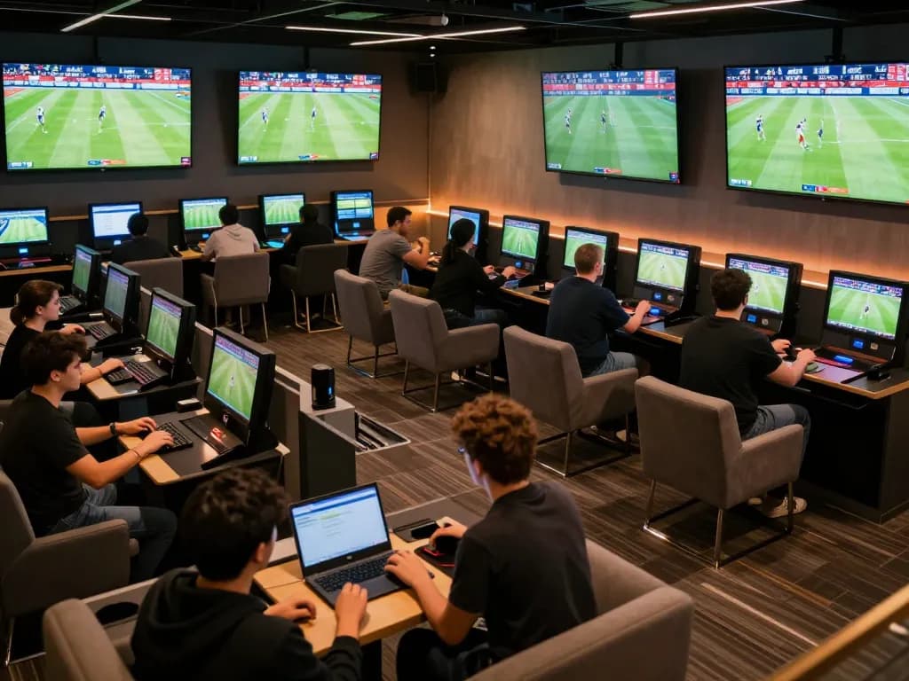 Xoilac patrons excitedly placing bets while watching live sports on large screens, capturing the thrilling atmosphere.