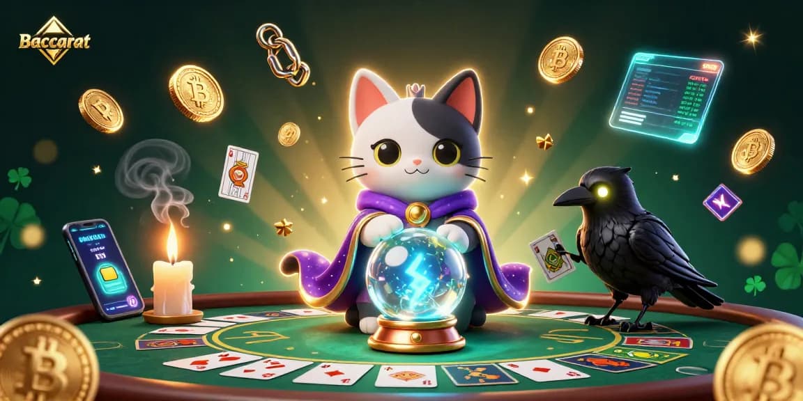 Baccarat table elements featured in a vibrant 3D scene, showcasing a mystical cat, raven, and candle flames for an engaging gambling experience