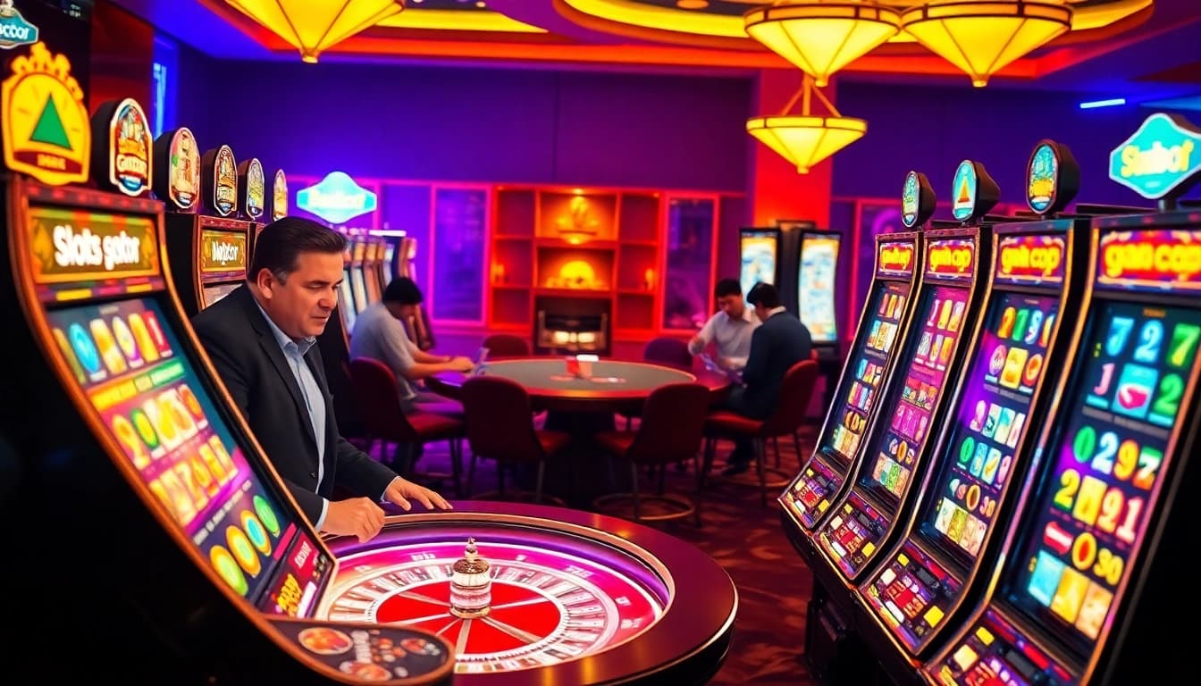 Experience the thrill of slot gacor with vibrant machines and players at a luxurious casino.