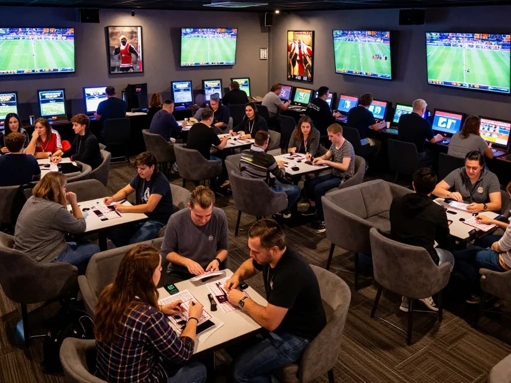 A sports betting lounge with patrons analyzing kèo nhà cái trực tiếp while watching live games, capturing the excitement of betting.