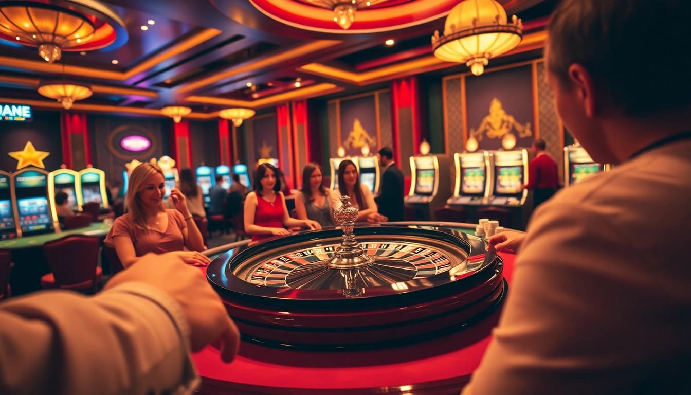 Players enjoying Game ok8386 at a vibrant casino table, surrounded by luxury and excitement.