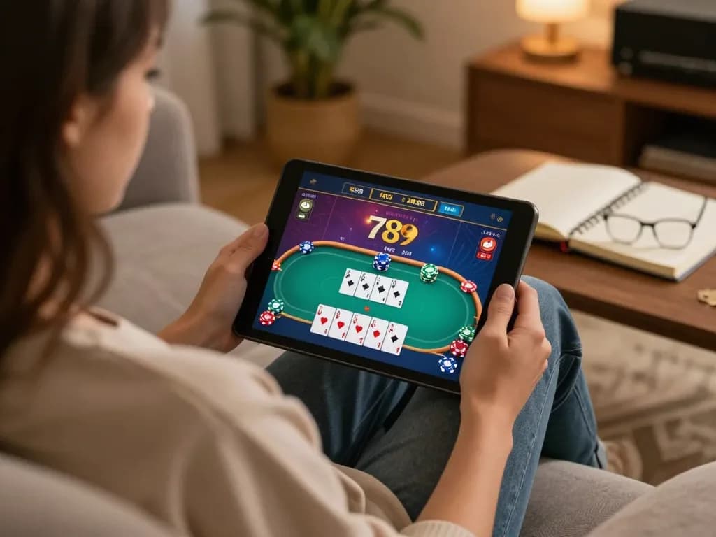 Engaging user playing poker on a tablet while exploring 789 club online gaming.