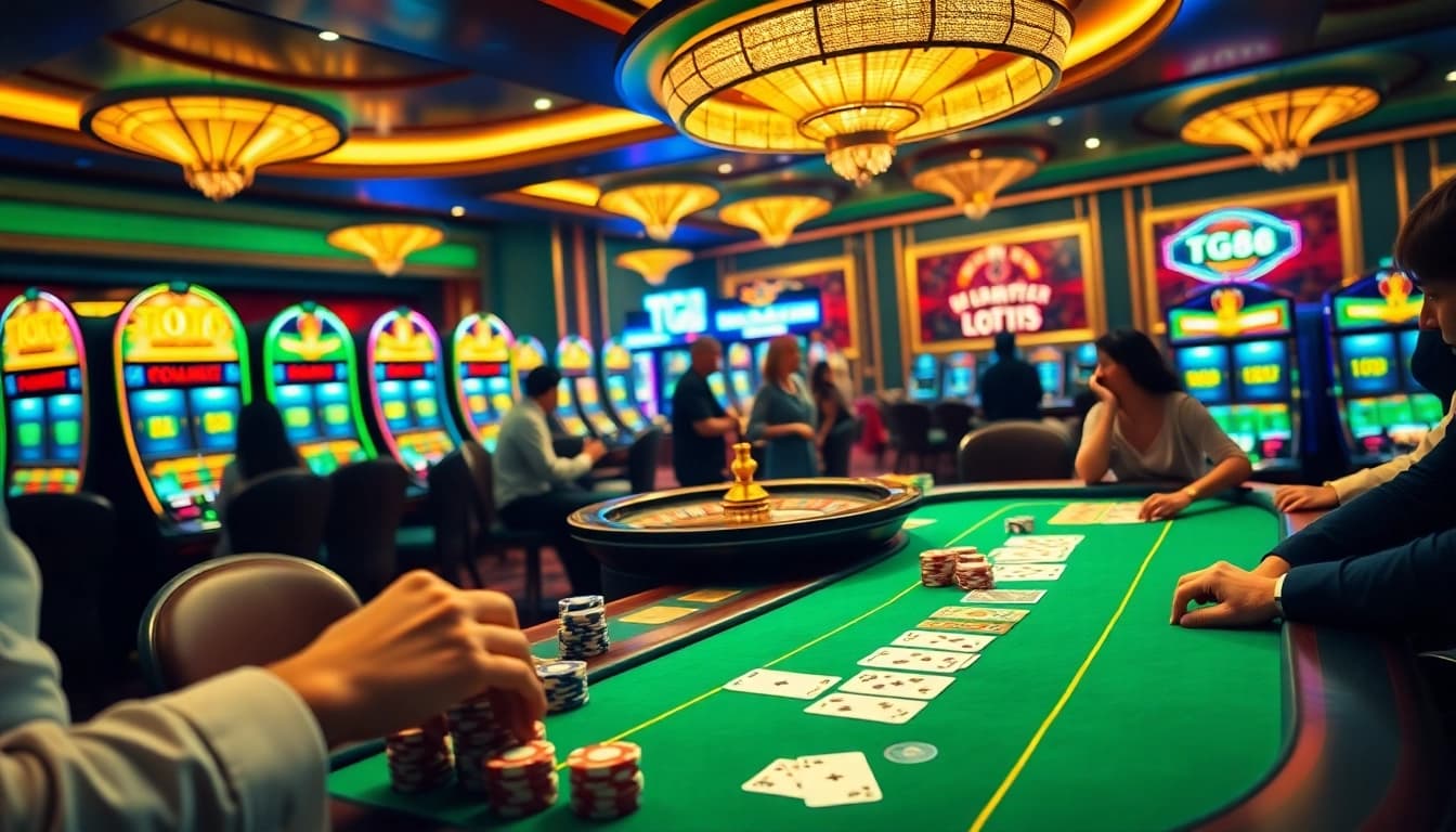 Engage in thrilling poker gameplay at the TG88 casino table with vibrant chips and cards.