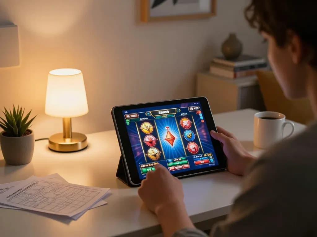 Engaged in slot online gameplay on a tablet, with notes and coffee, highlighting responsible gambling.