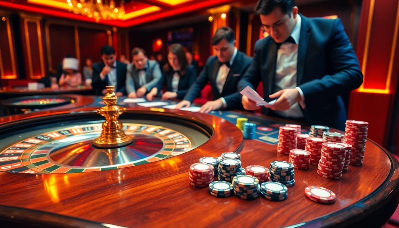 Players enjoying a vibrant casino atmosphere at https://mm888.media/ with roulette, poker, and chips.