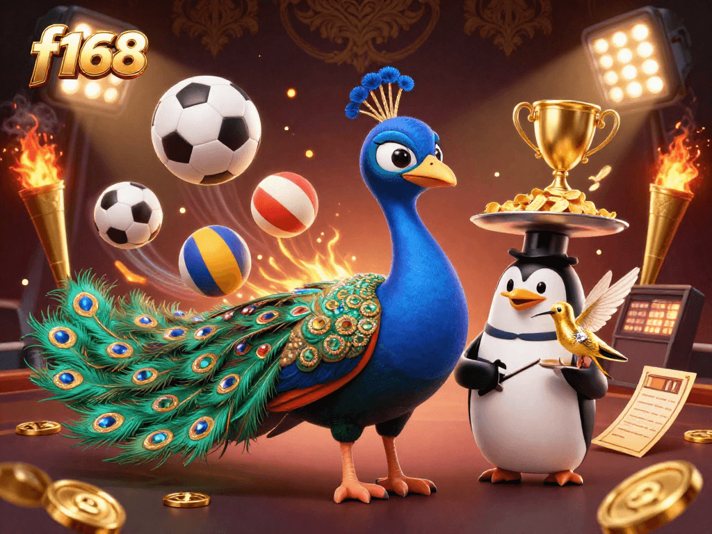 Experience f168's vibrant gaming scene with a dazzling peacock, chips, and sports elements.