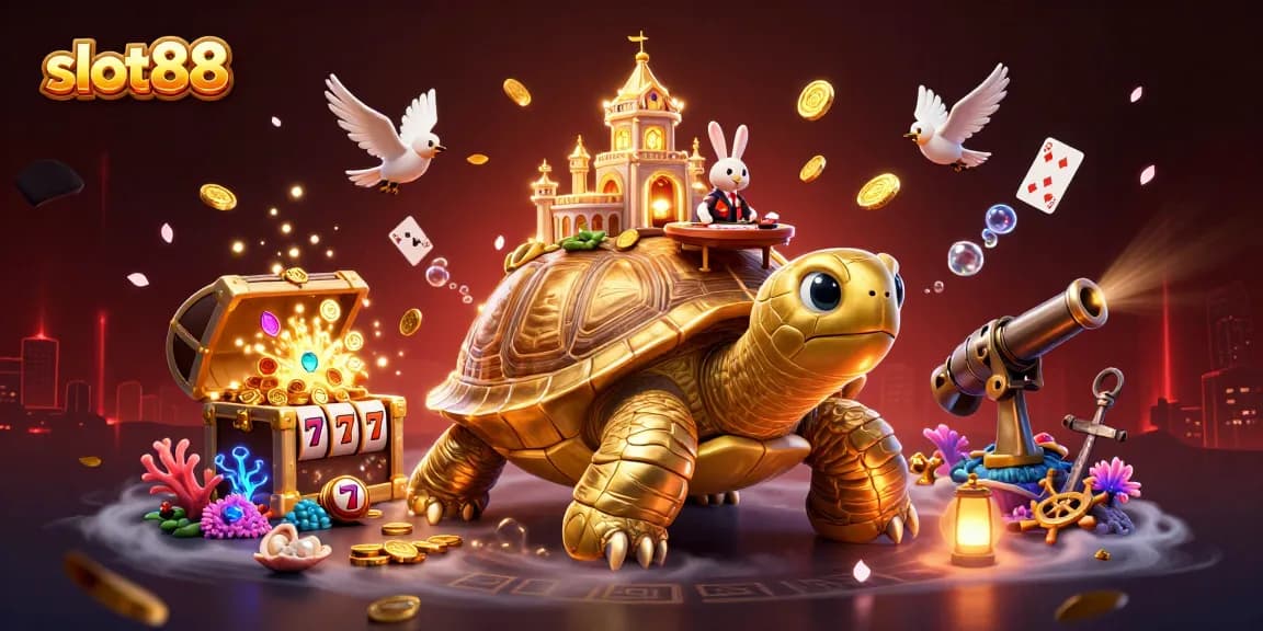 Menangkan jackpot slot88 dengan tortoise emas raksasa yang memiliki istana kasino di punggungnya, dikelilingi koin emas.