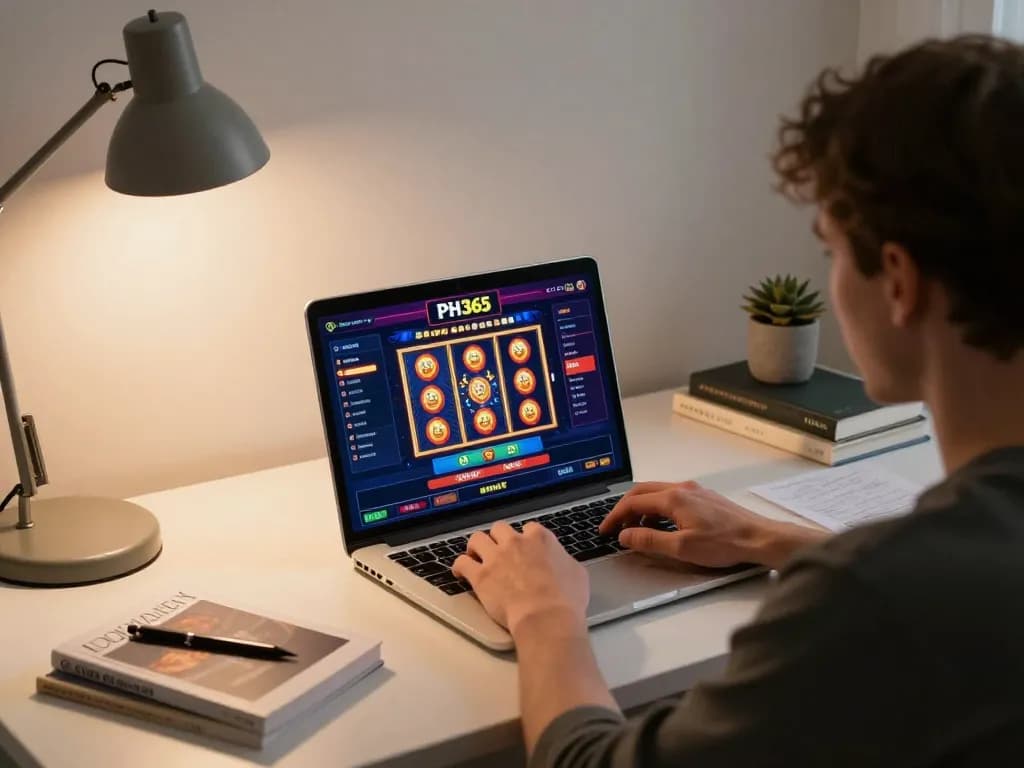 Engaged player betting on PH365 online casino using a laptop, showcasing vibrant gaming interface.