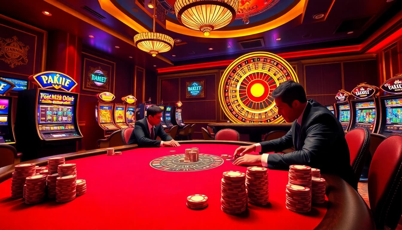Experience the thrill of pg88.vip at a luxurious casino with poker tables and vibrant slot machines.