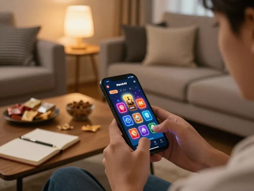 Pemain menggunakan aplikasi merah4d di smartphone mereka sambil menikmati camilan dalam suasana rumah yang nyaman.
