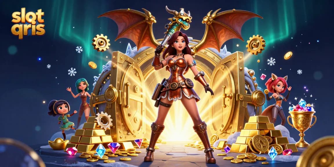 Experience the excitement of slot qris in this vibrant 3D illustration filled with treasures.