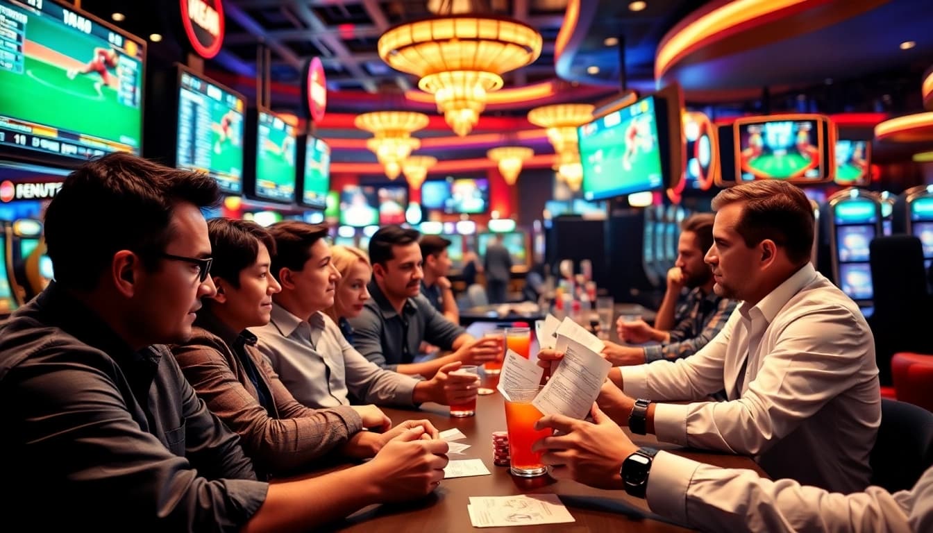 Engaged players at a lively casino betting on w88 sports with vibrant screens and chips.