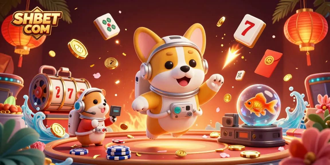 Experience vibrant gaming at SHBET COM with a floating astronaut corgi and fun casino elements.