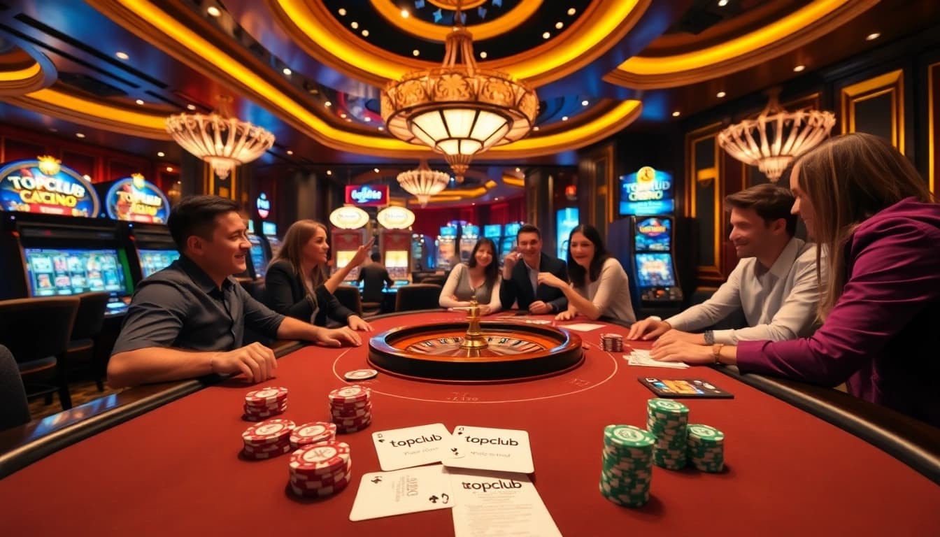 Experience the thrill of topclub casino with vibrant poker tables and engaging roulette wheels.