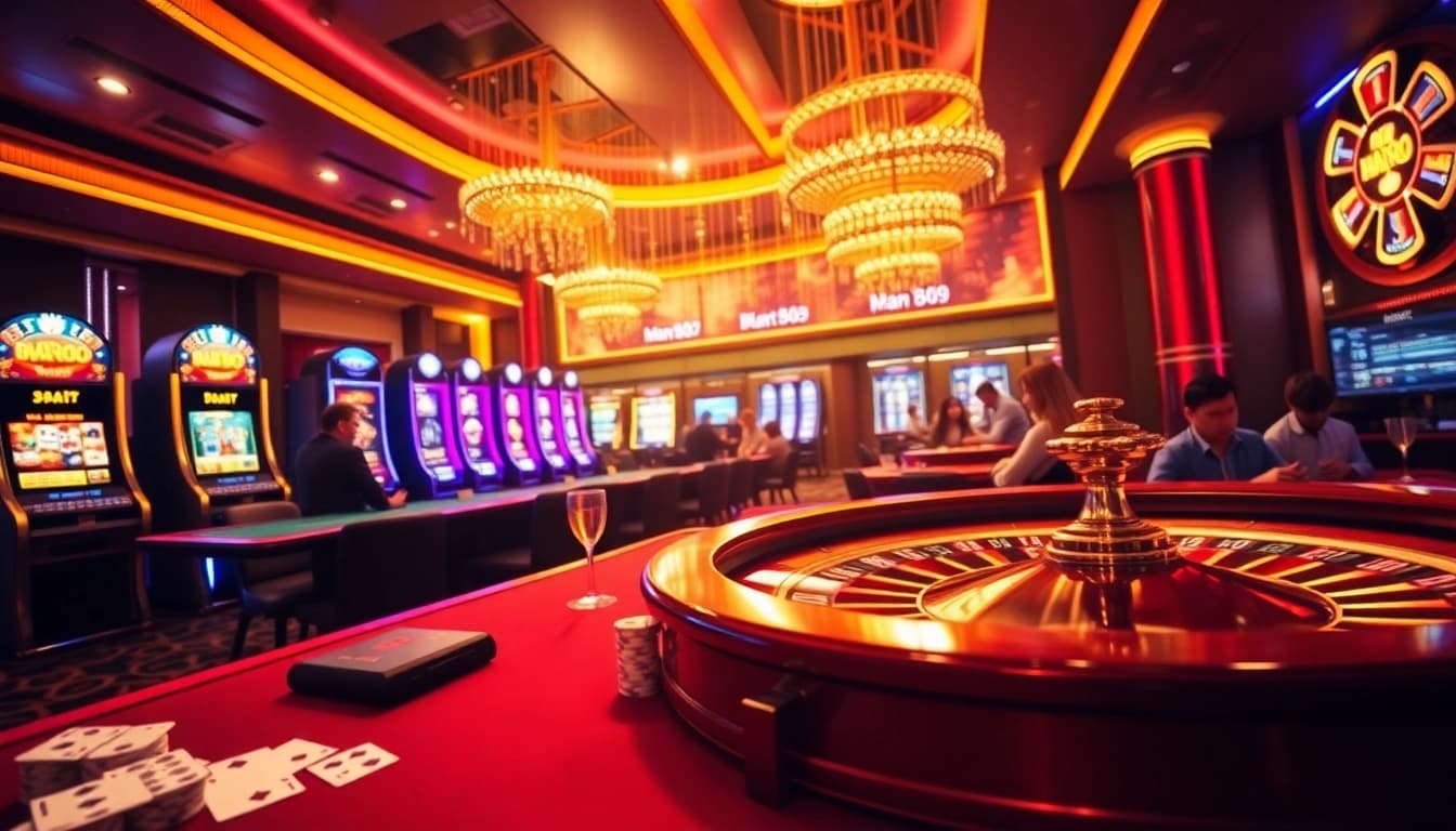 Experience the excitement of Man88 as players engage in thrilling casino games with vibrant tables and sleek slot machines.