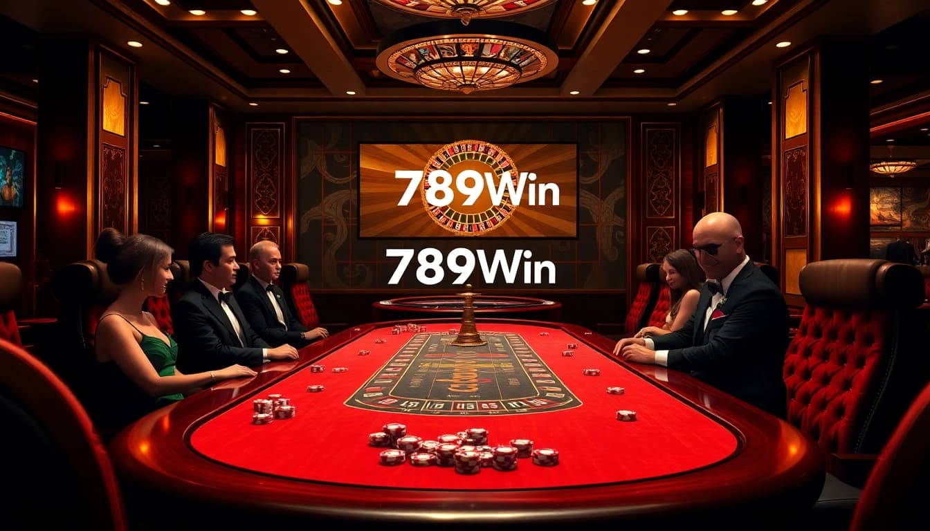 Players strategizing at a 789Win poker table surrounded by vibrant casino elements.