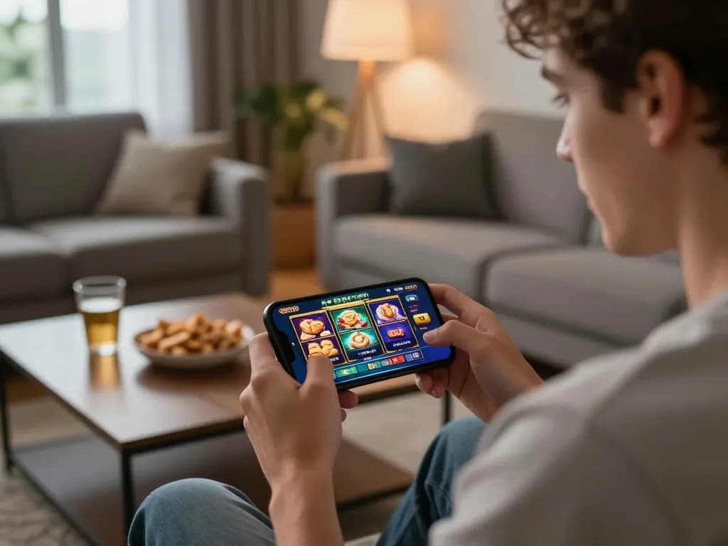 Player engaged in online gaming with AZTEC888 on smartphone, enjoying a cozy home atmosphere.