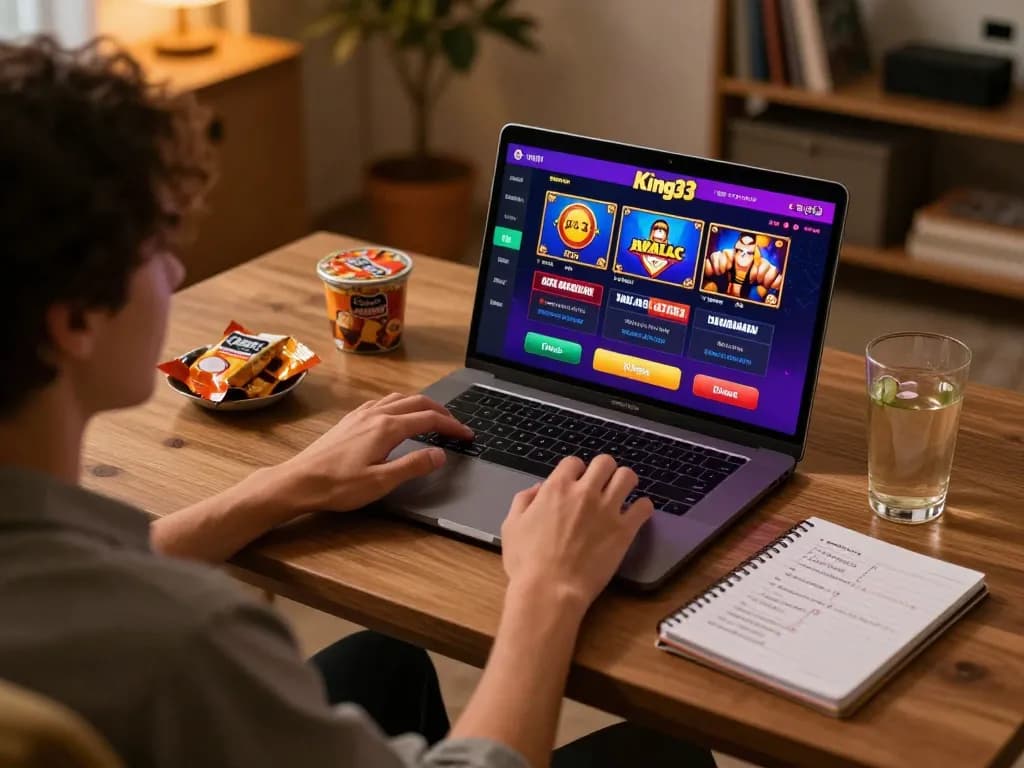 Engaging gameplay experience on king33 platform with a player focused on casino strategies in a cozy setting.