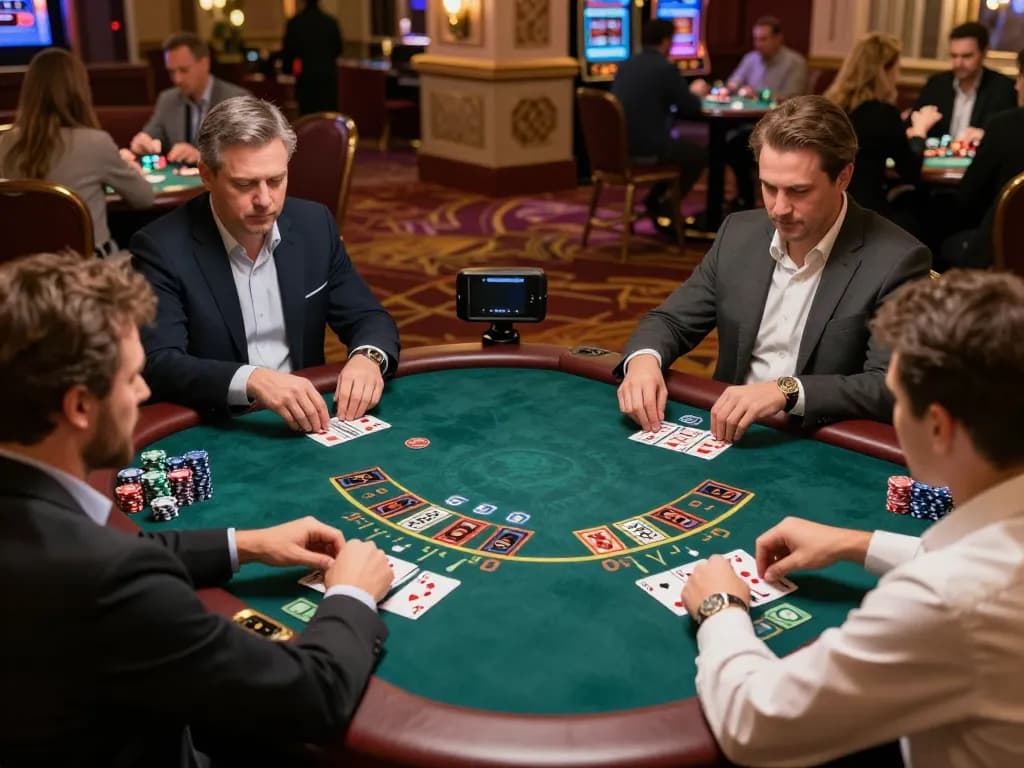 Players enjoying an intense live dealer blackjack game at god55 casino, showcasing chips and strategic gameplay.