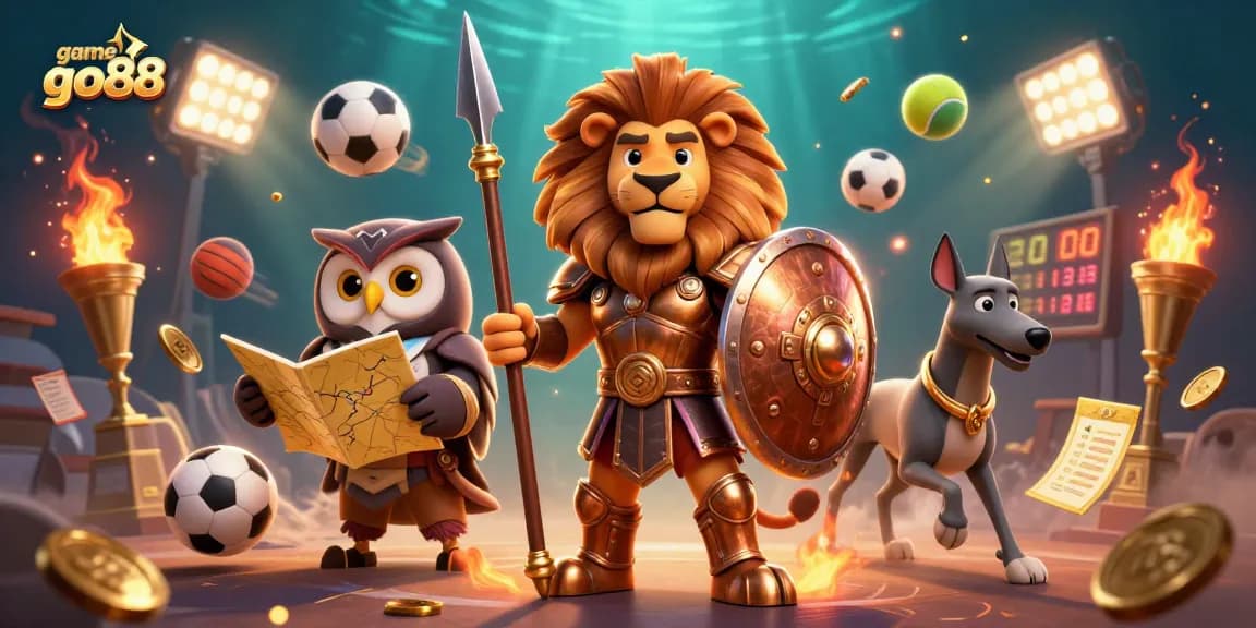 Join the game go88 adventure with a Spartan lion, owl strategist, and greyhound in this vibrant casino scene.