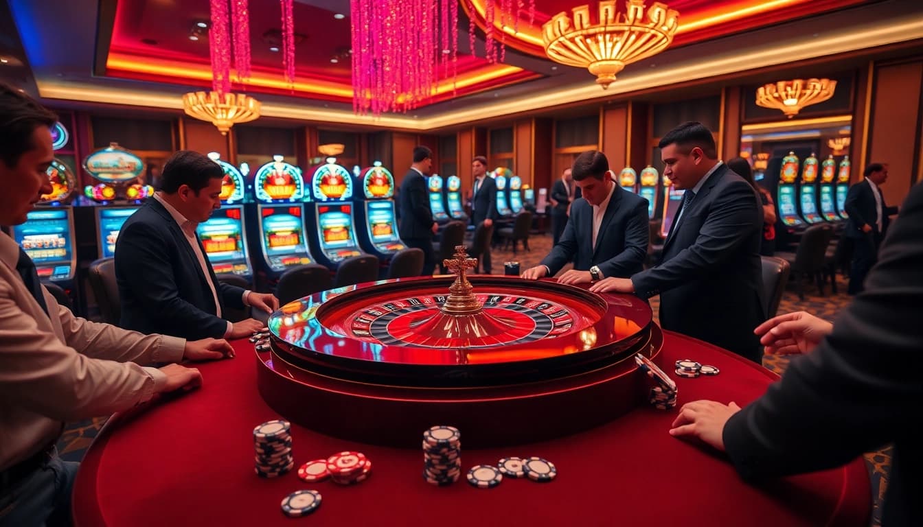 Players engaging in thrilling bets at TR88 casino, showcasing vibrant roulette and poker elements.