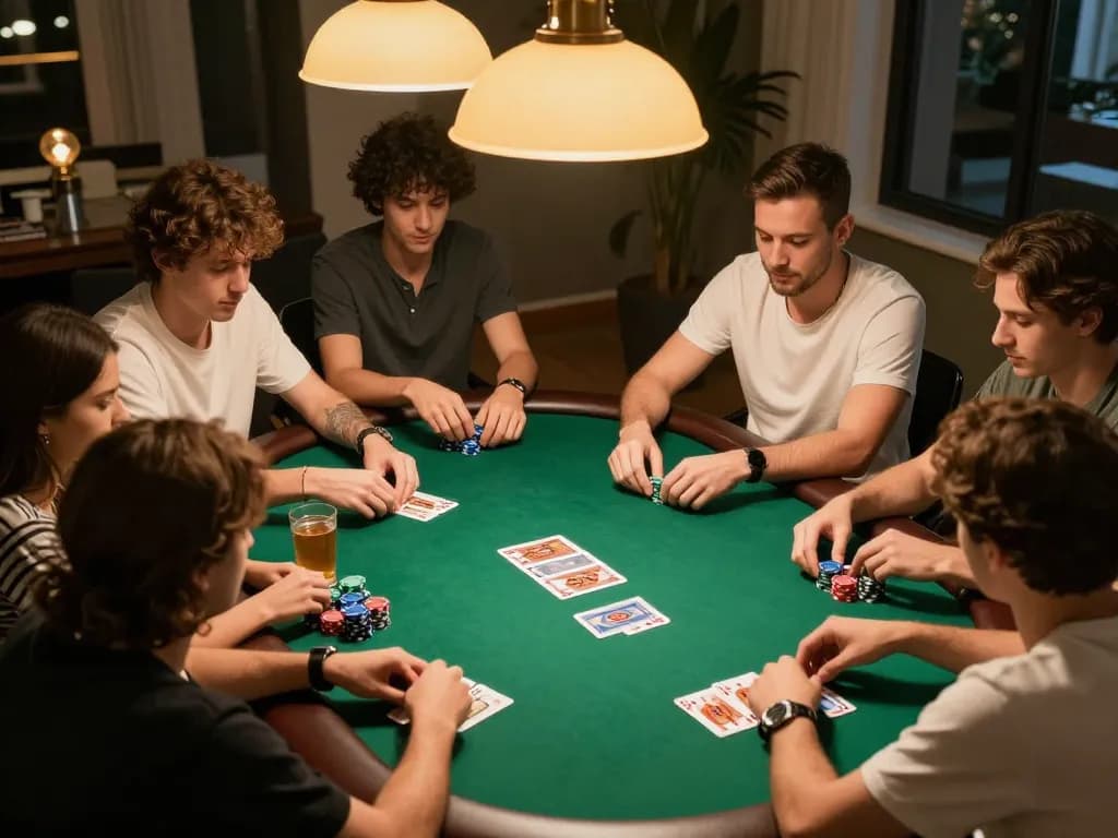 Friends enjoying a poker game night at home while placing bets using tle-online.