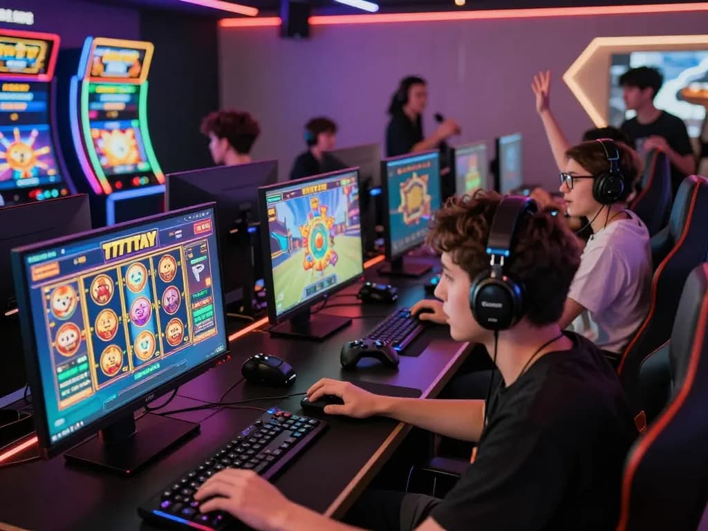 Pemain menikmati permainan slot777 gacor dalam lingkungan permainan digital yang berwarna-warni.