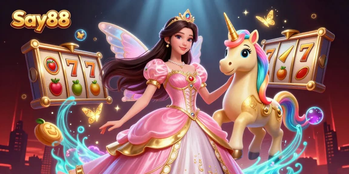 Play exciting slot games at Say88 with a vibrant scene of a glamorous character and golden treasures.