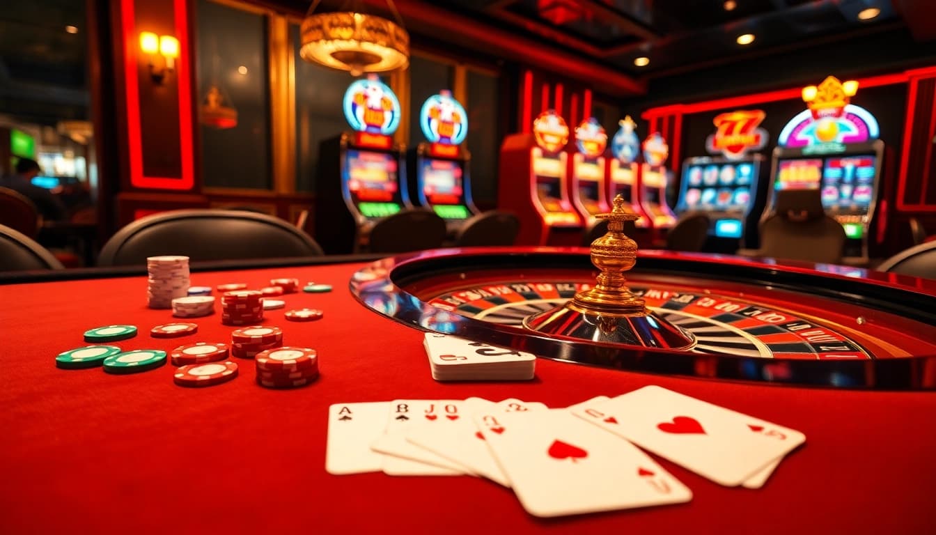 Experience the thrill at 789club's luxurious casino, featuring roulette tables and vibrant slot machines.